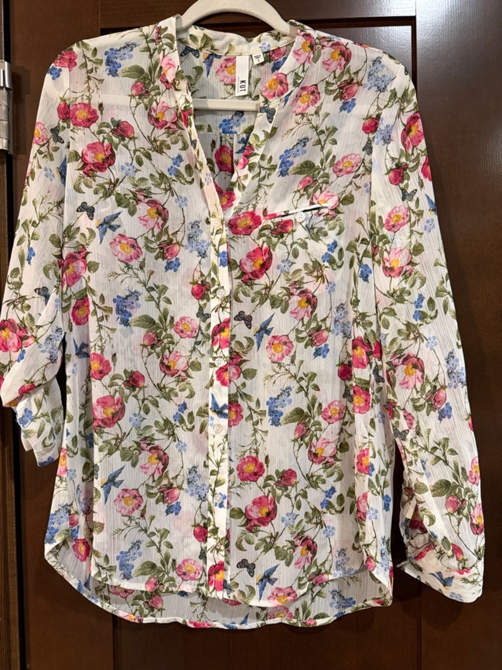 Kut from the Kloth White Floral Button-Down Shirt with Pink & Blue Blooms - Picture 1 of 6